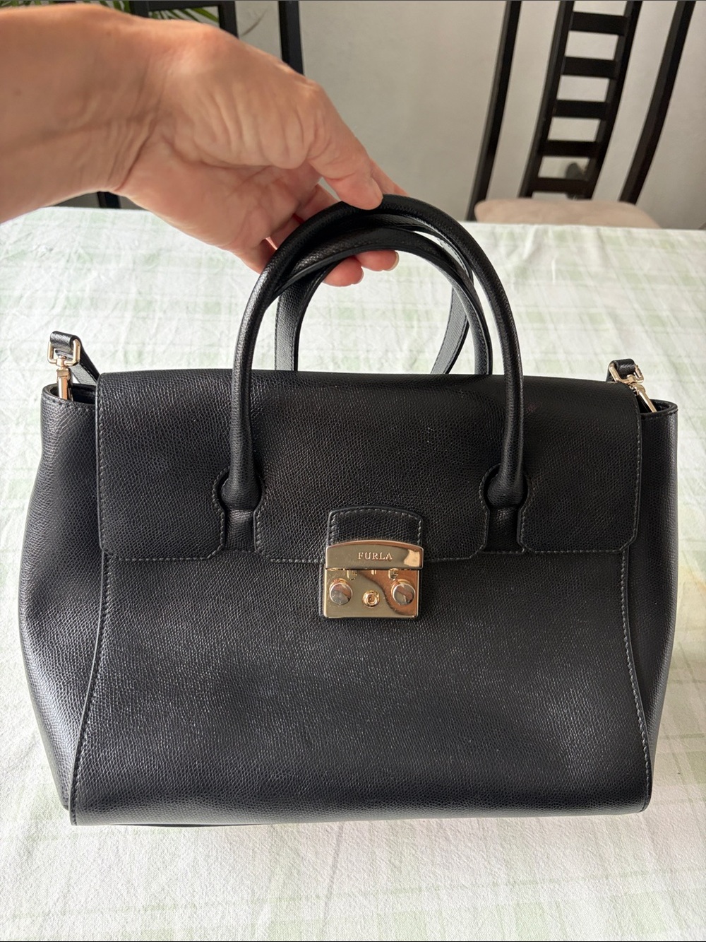 Furla Black Leather Top-Handle Satchel with Gold Hardware